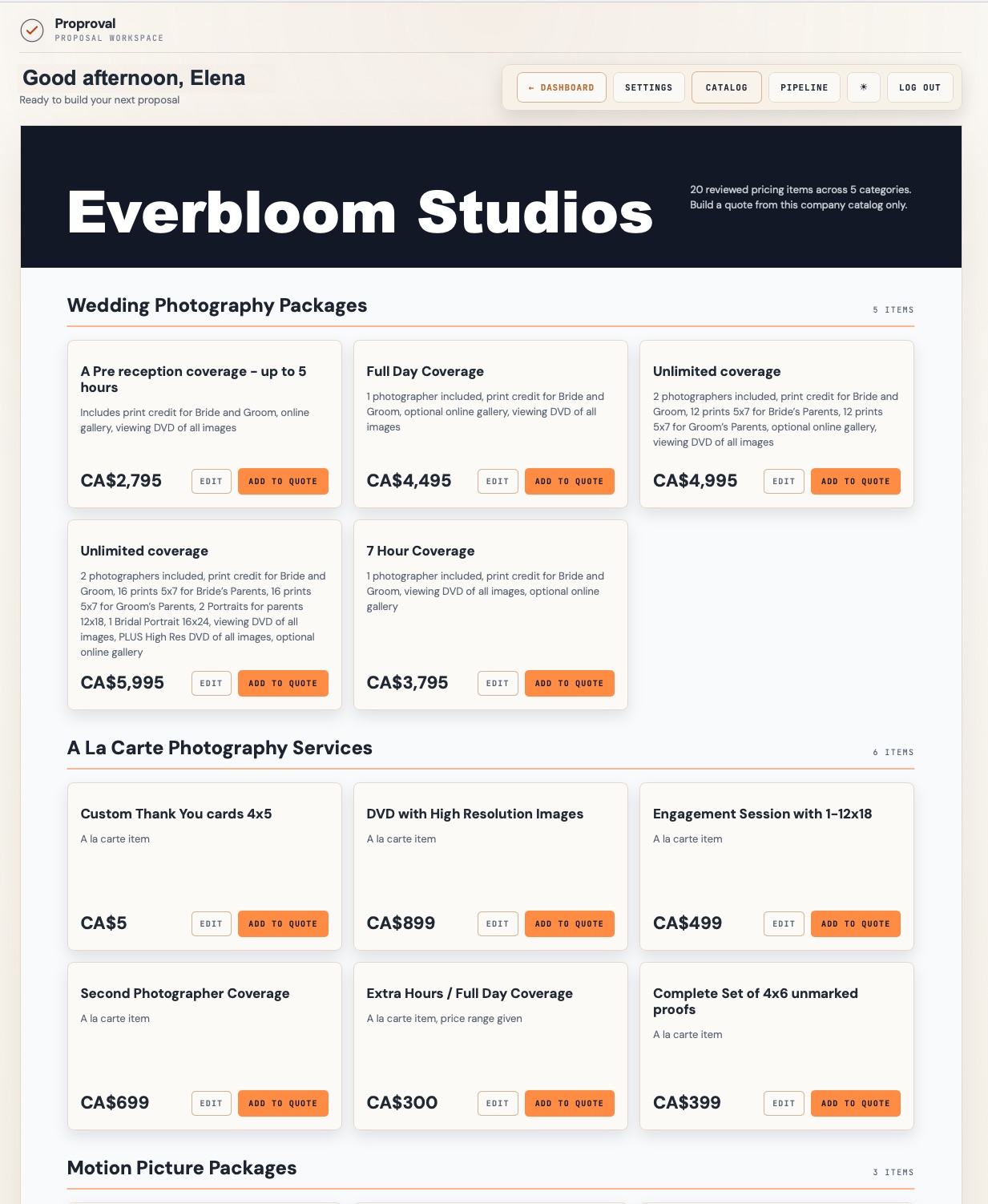 Proproval’s services and pricing catalog, as shown in its official demo