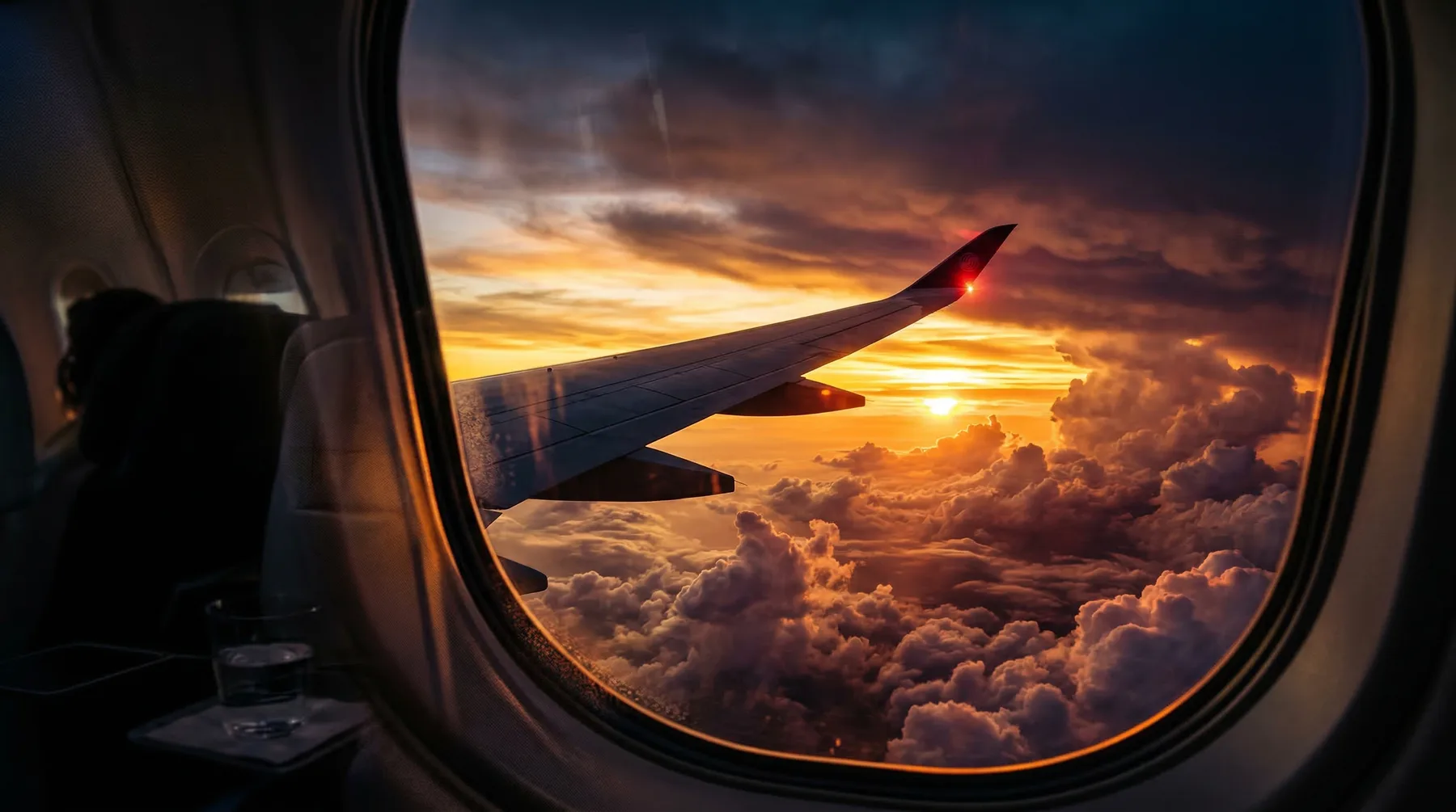 Sunset over the clouds, viewed through an aircraft window